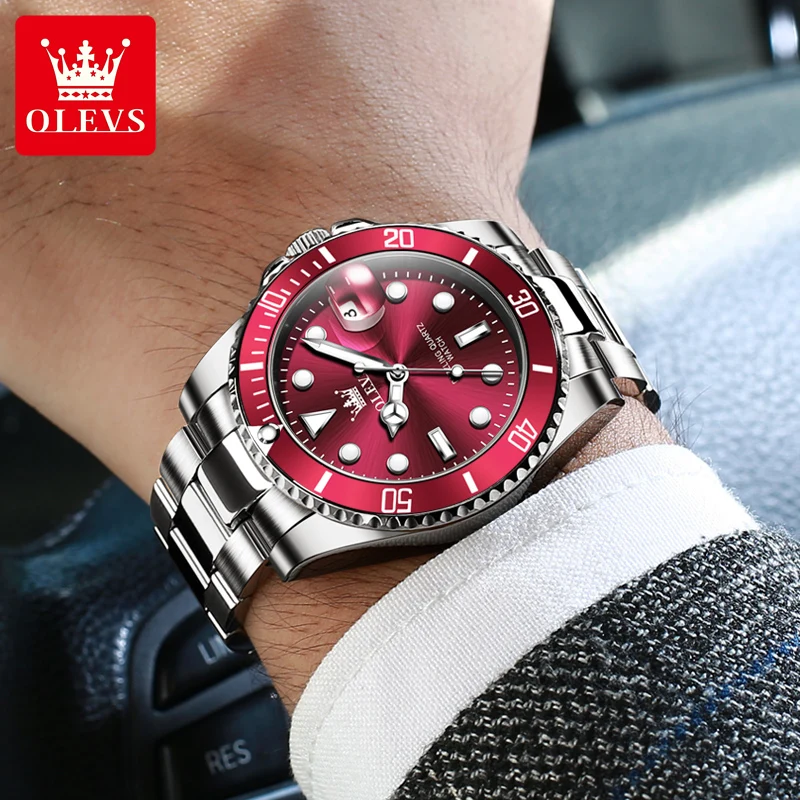 OLEVS 5885 Luxury Men Watch Diving Series Deep Waterproof Auto Date Stainless steel NEW Red Dial Original Wristwatch