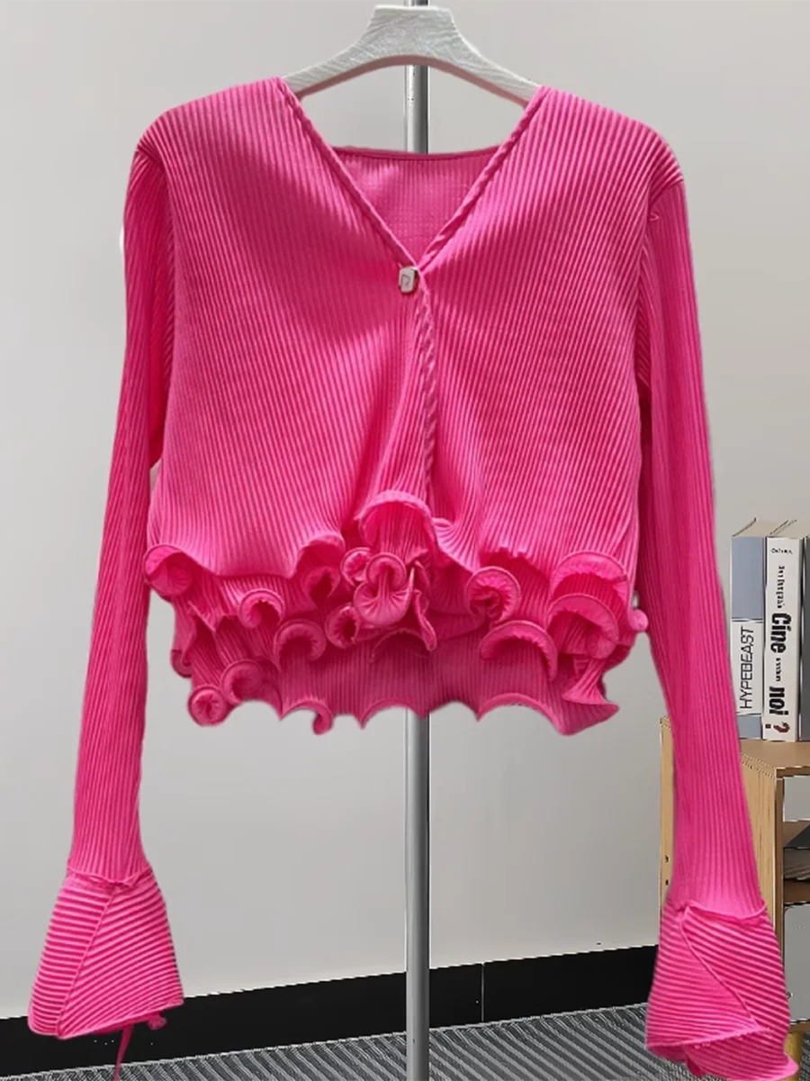 TWOTWINSTYLE Solid Spliced Ruffles Slimming Blouses For Women V Neck Long Sleeve Temperament Shirts Female Fashion Style Clothes