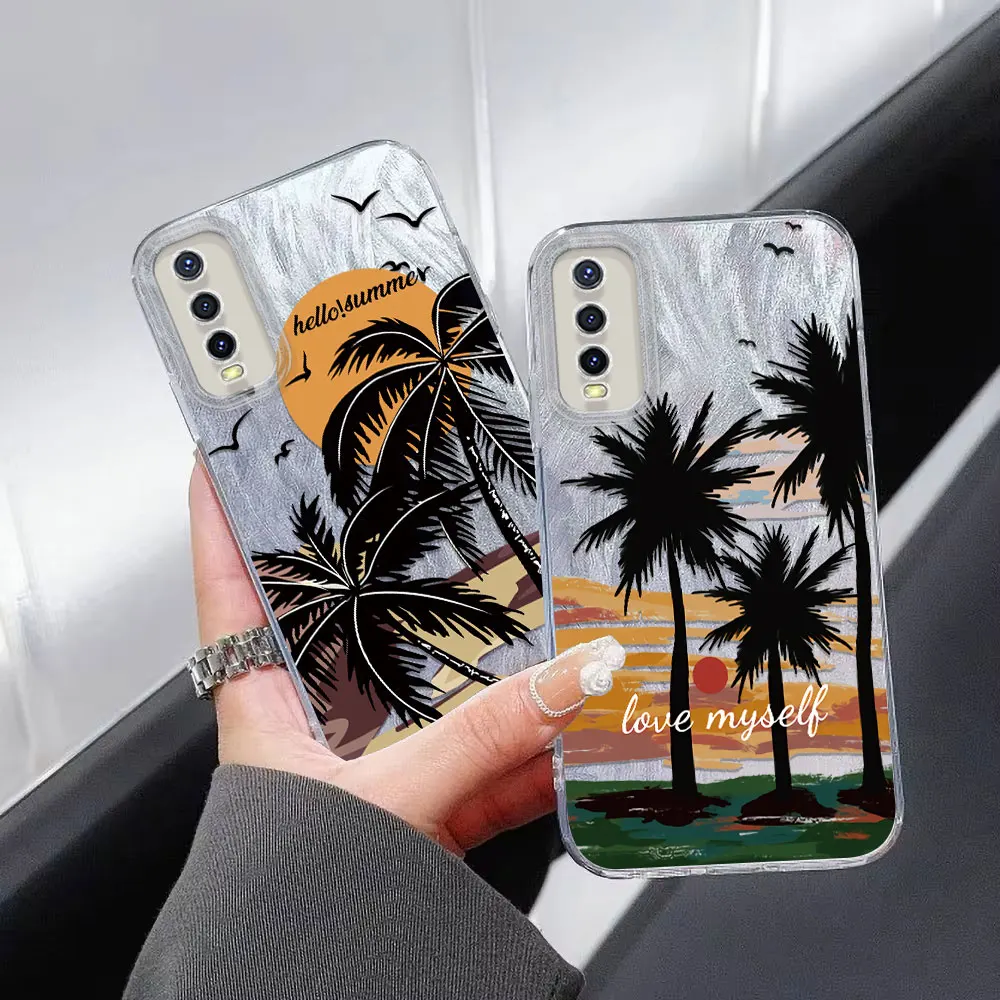 Imd Case Voor Vivo Y50 Y36 Y35 Y33 Y31 Y30 Y28 Y27 Y22 Y21 Y20 Kust Kokospalm Patroon Veer Garen Zachte Telefoonhoes Funda