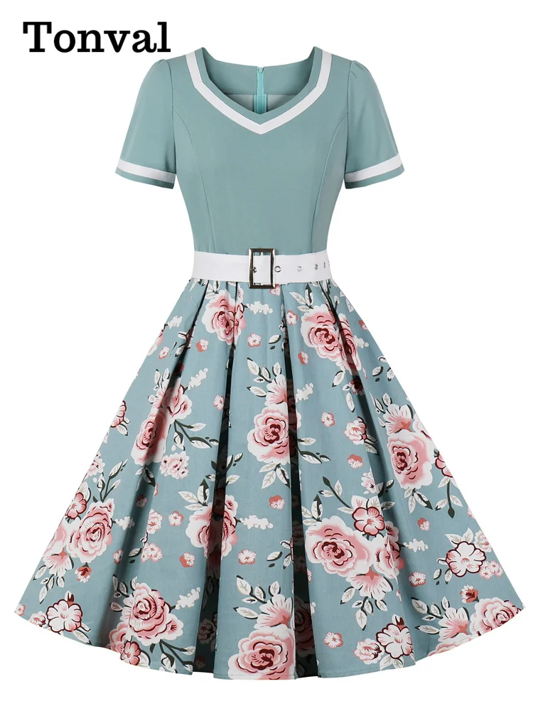 

Tonval Vintage 50s Ladies Floral Pleated Rockabilly Dress Elegant Women High Waist Pinup Summer Dresses with Belt