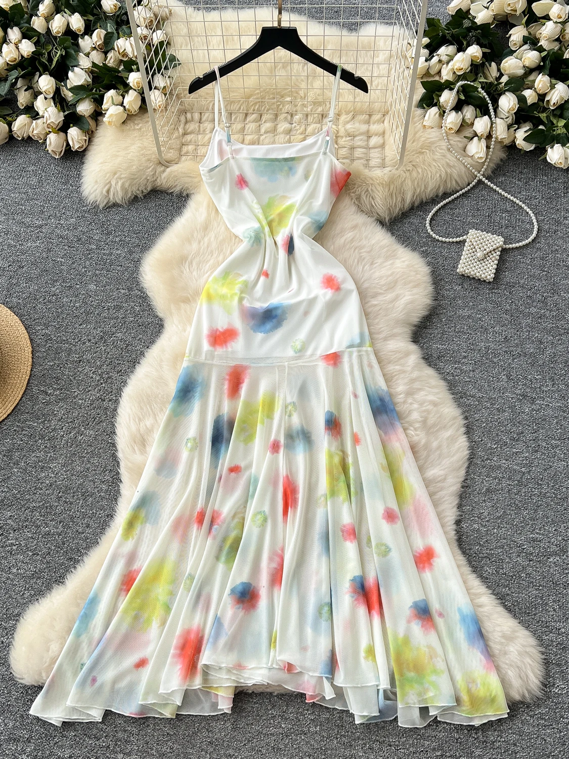 Foamlina Vacation Holiday Dress Women's 2025 Summer Retro Color Smudge Tie-dye Fishtail Mesh Suspender Strap Dress Boho