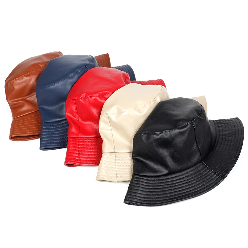 Unisex Solid Color Label Personality Pu Leather Bucket Hats Fishermen Caps Outdoor Casual Cap Sunscreen Hat