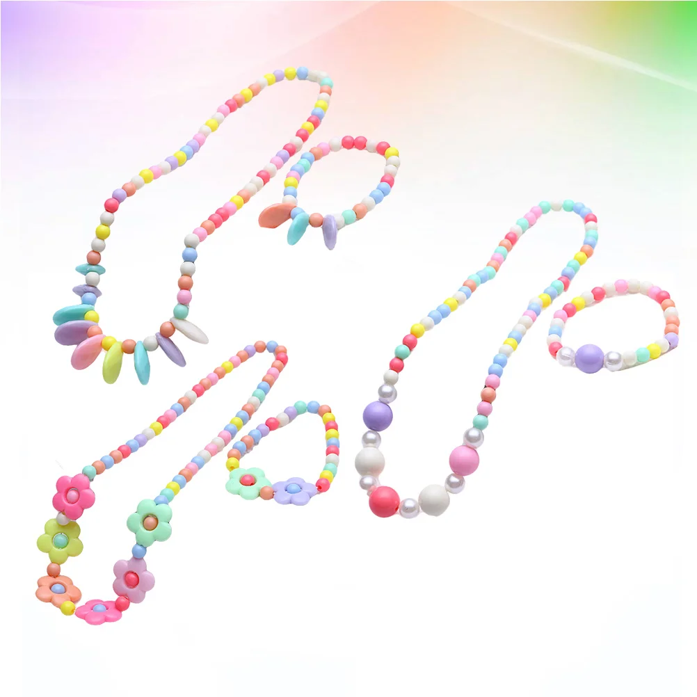 

3Sets Kids Jewelry Set Flower Drop Necklace Bracelet Resin Bead Accessories for Girls Birthday Party Photography