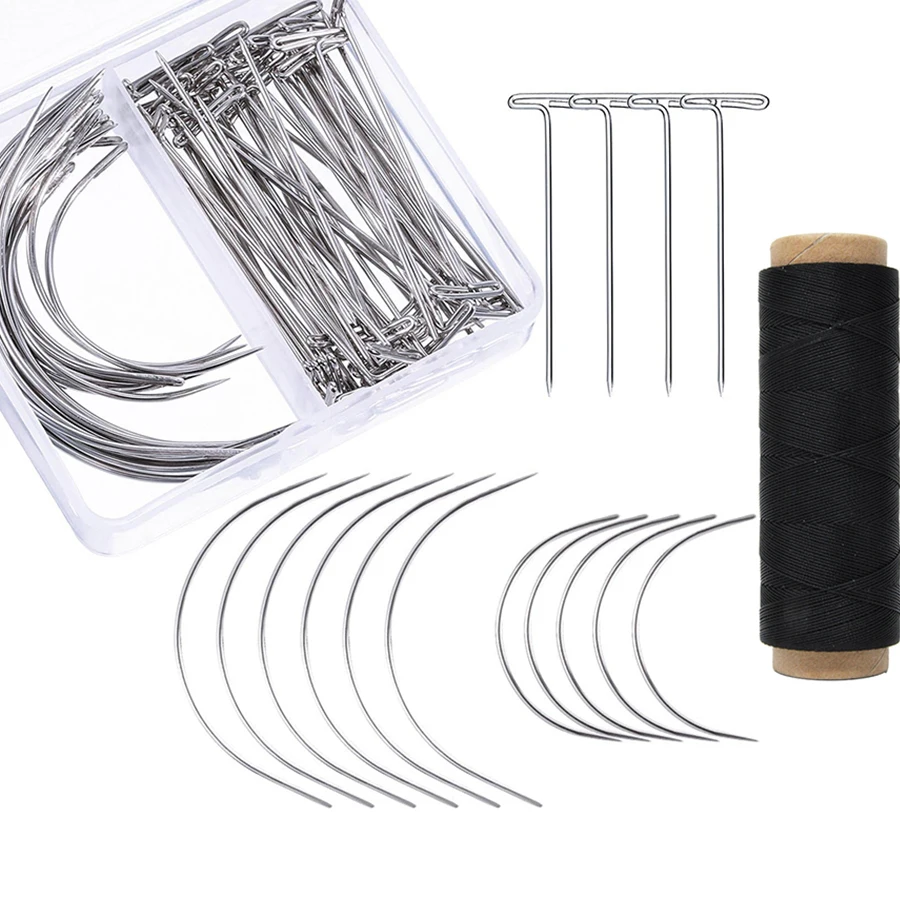 

70pcs Needle And Thread Set for Weave with T Pins C Curved Needles Black Thread Wig Making Hair Extensions Modelling Crafts Kit