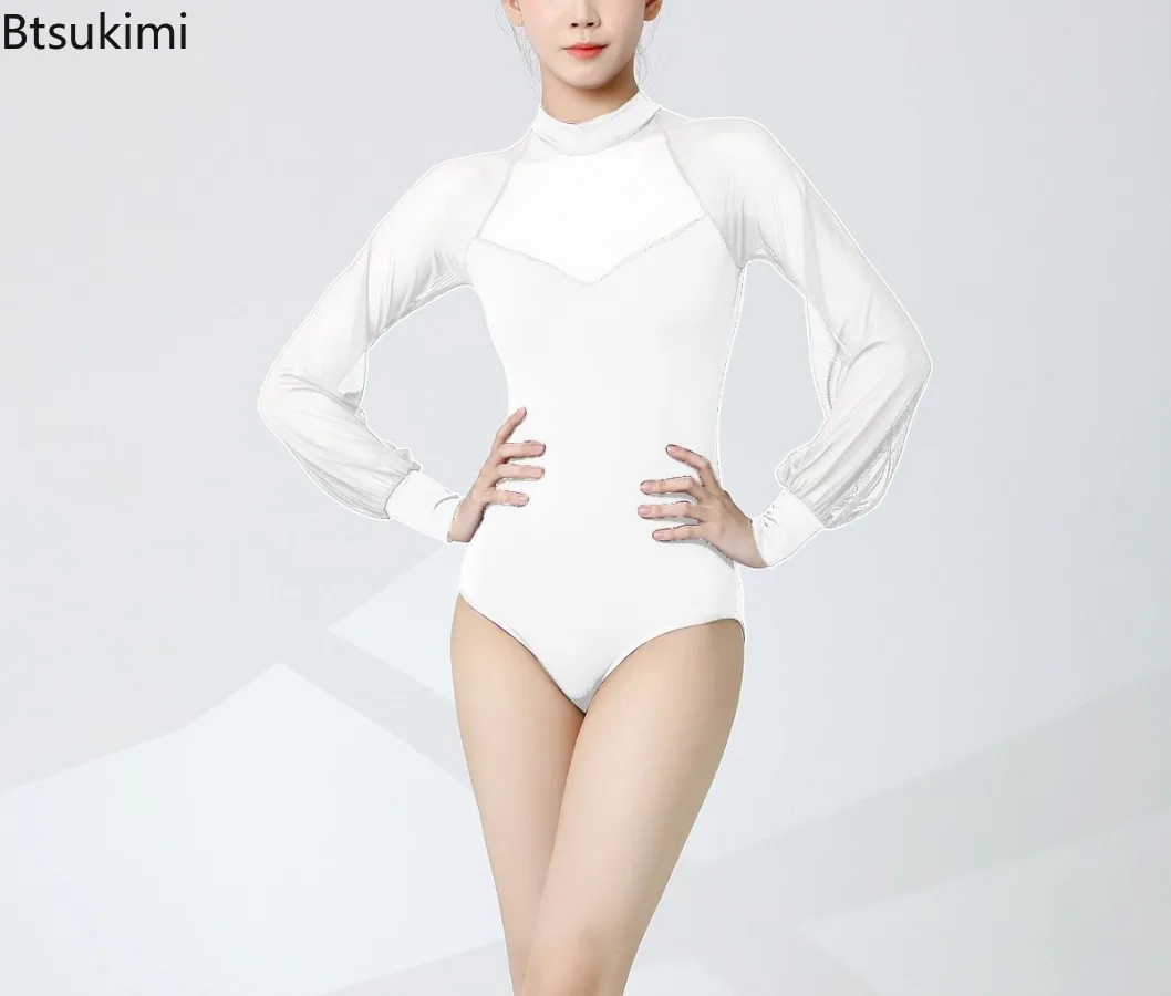 Ladies' Mesh Latin Dance Costume Princess Bubble Long Sleeved One-piece Dance Tops Ballroom Dance Performance Practice Clothing
