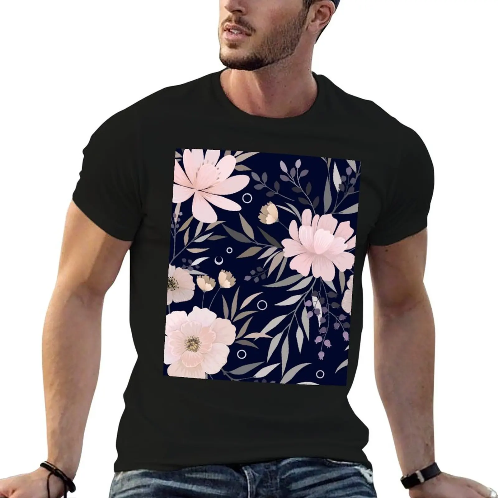 Modern Print Floral, Blush Pink and Navy T-Shirt Classic Basic Casual T-Shirt