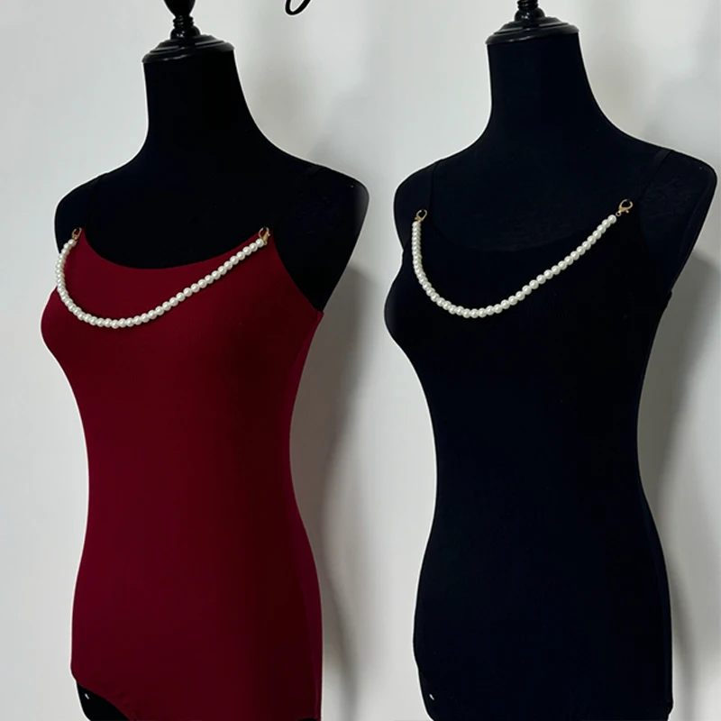 Body de baile latino con cadena de perlas para mujer, Tops con tirantes negros burdeos, ropa de actuación de baile de salón, ropa de práctica DNV23932