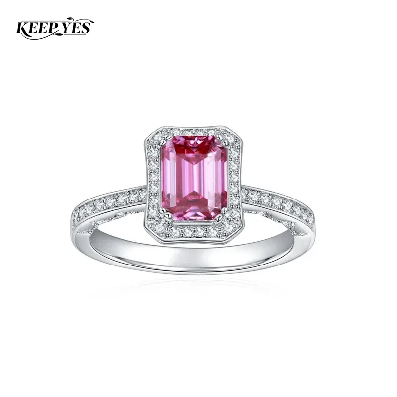 KEEP YES 5*7mm Pink Emerald Cut Moissanite Diamond Engagement Ring for Women 1.0ct 925 Sterling Silver Wedding Band Fine Jewelry