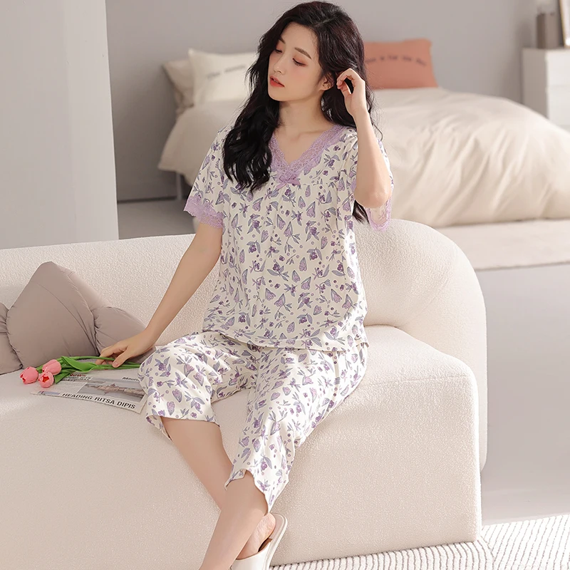 Summer M-4XL Women Pajamas Set Modal Pijama Two Pieces Set Womens Floral Pyjamas Female Nightwear