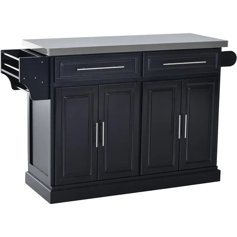 Rolling Kitchen Island with Storage, with Stainless Steel Top, 2 Drawers, Spice, Knife and Towel Rack and Cabinets, Black