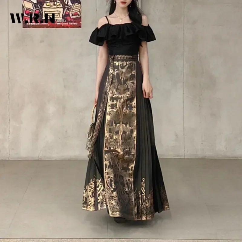 2024 Autumn Luxury Vintage Print Elegant Mid Long Skirts Women's Retro Style Black High Waist Slim Fit Sexy Pleated Skirt