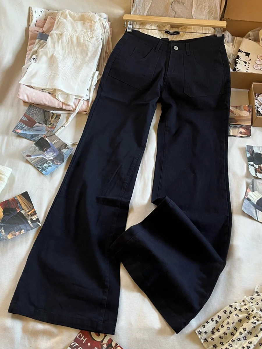 Vintage granatowe spodnie Cargo damskie Sexy Low Rise bawełniana z kieszenią luźne jeansy kobiece Y2k Streetwear Casual spodnie z szerokimi
