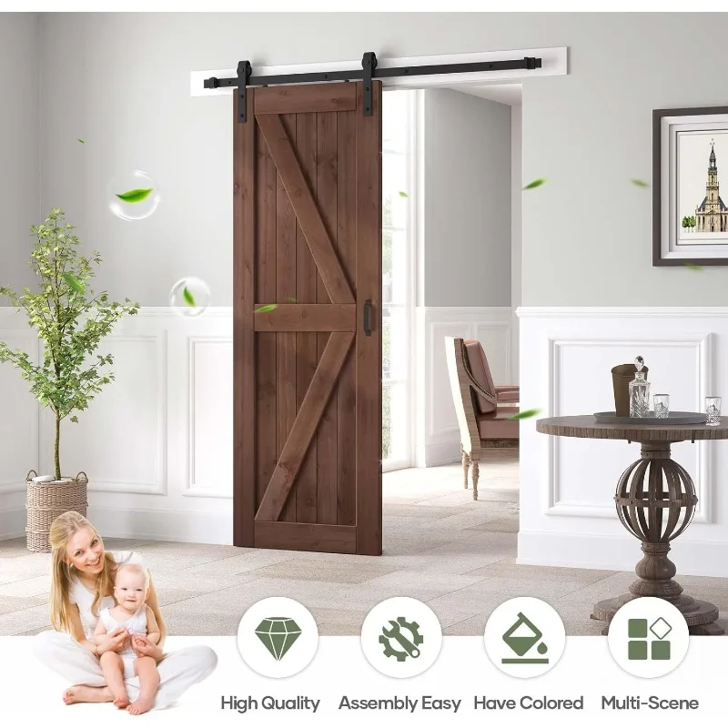 32x84 inch Sliding Barn Wood Door Slab with 5.5ft Hardware Kit and Handle, Coffee, K Shape, Simple DIY Assembly