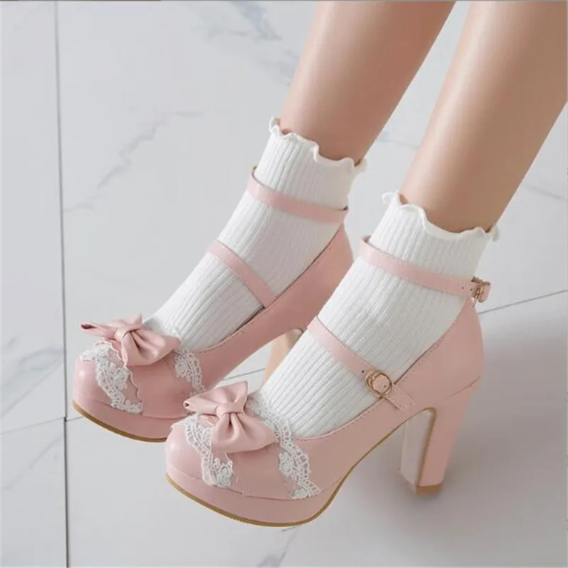 

Spring Autumn Ladies 8CM High Heels Platform Lolita Shoes Sweet Bowknot Lace Princess Mary Janes Party Buckle Women Pumps 34-43