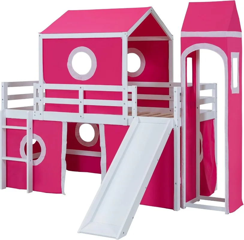 Letto a soppalco rosa per bambini, struttura in legno massello con scivolo, tenda e torre, include scala e guide di sicurezza, perfetto