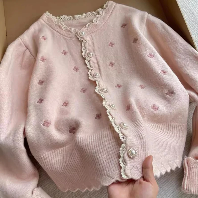 

Pink Lace O-Neck Women Cardigan Autumn Long Sleeve Pearl Buttons Soft Sweater Coat Lady Sweet Knitwear Tops