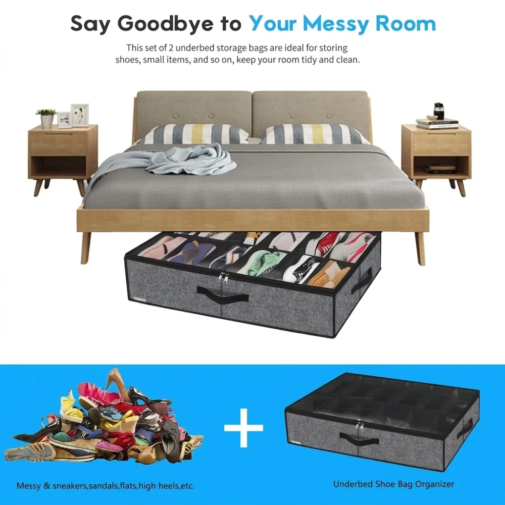 Foldable Fabric Underbed Shoe Storage Box Organizer Container Dustproof Keeper Clear Window For Bedroom Dorm Apartment