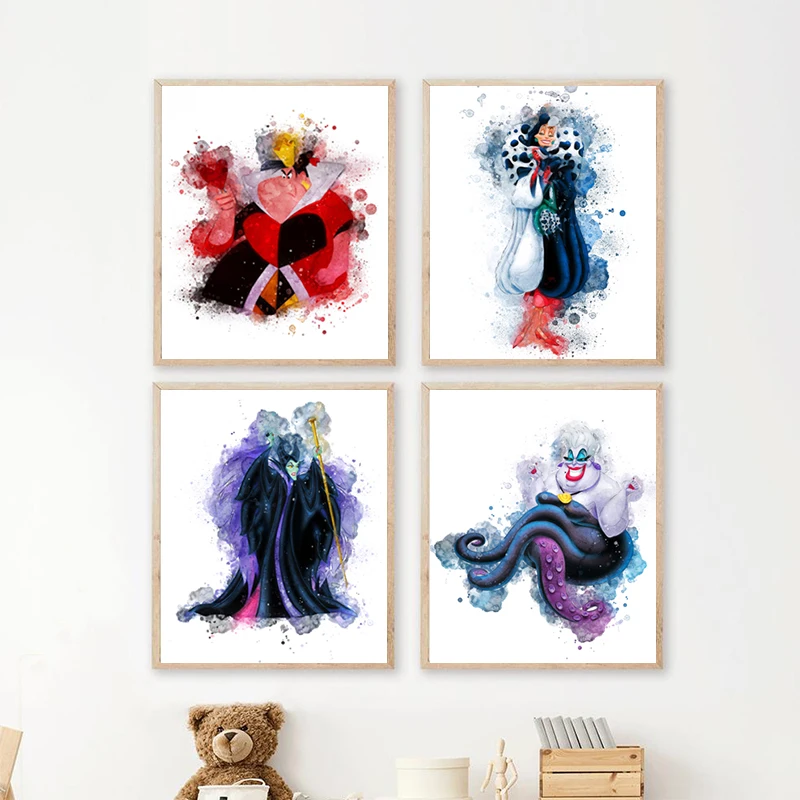 

1 шт. безрамный художественный принт «Злые королевы»: Королева сердец, Злодеи, Малефисента, Круэлла, Урсула. Картина на холсте для комнаты девочки.