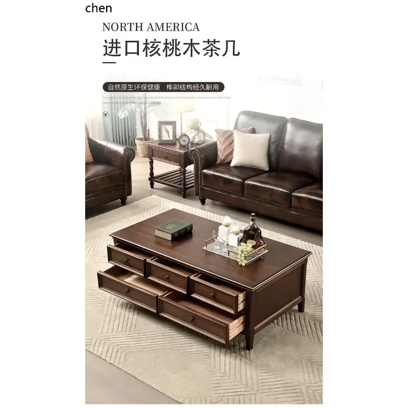 GZ-1  Solid Wood Coffee Table Rectangular Walnut Wood All Solid Wood Light Luxury Multi-drawer Living Room Furniture