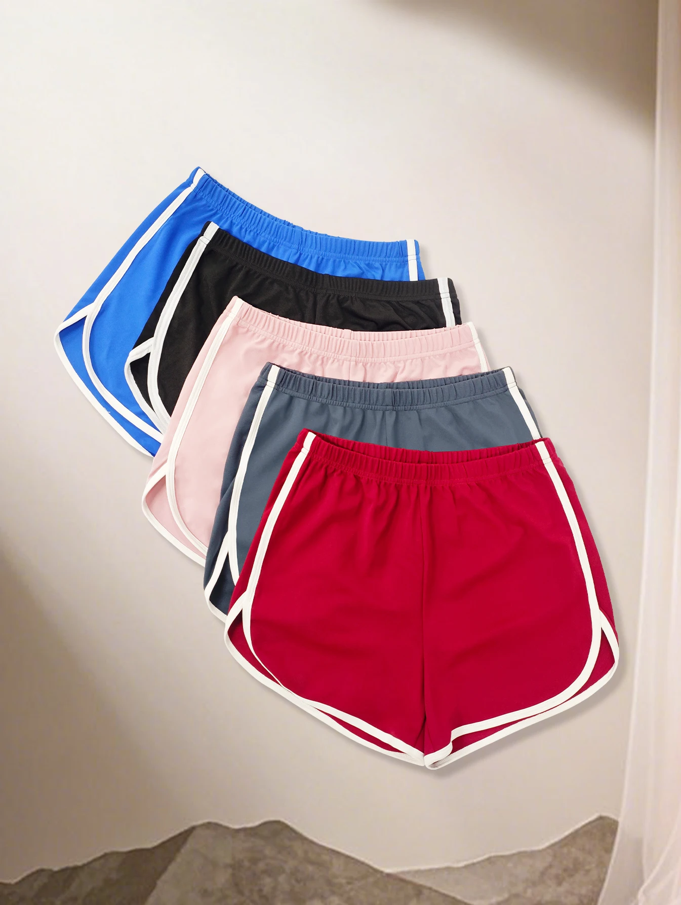 【レディースショーツ5枚パック】ホワイトトリム付きマルチカラーアスレチックショーツ、ヨガ、ランニング、日常着に最適