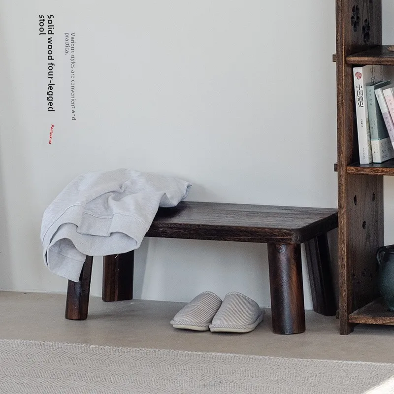 Solid Wood Four-Leg Stool Wabi-Sabi Style Low Table for Bay Window Multi-Functional Tea Table Compact