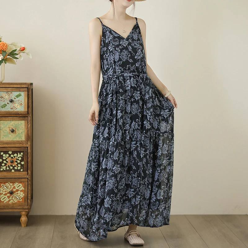 2025年夏プリントサスペンダーコットンリネンルーズロングマキシ丈ワンピースカジュアルルーズビーチホリデーボヘミアン