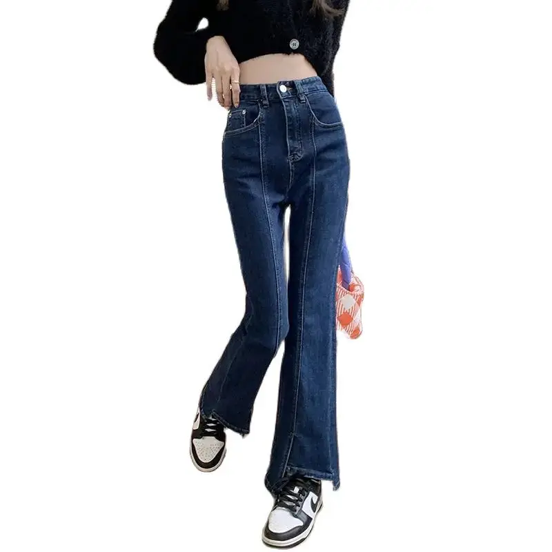 Jeans Split Irregular Design Winter Female 2024 New High Waist Slim Joker Design Sense Split Dark Blue Bell Bottoms Tide