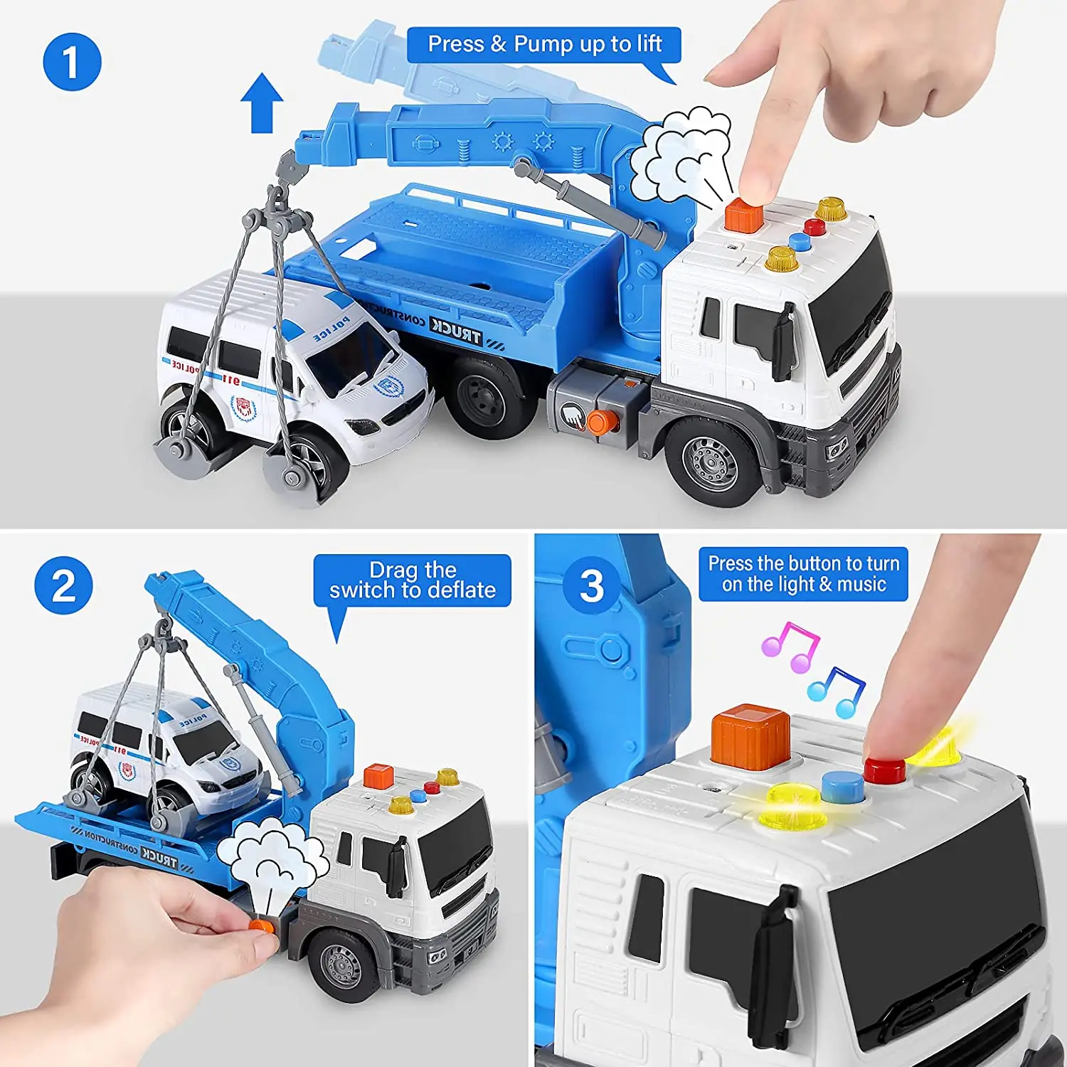 Kids Truck Toy with Hook and Car Transport Truck Crane Toy with Light&Sound for Boys and Girls