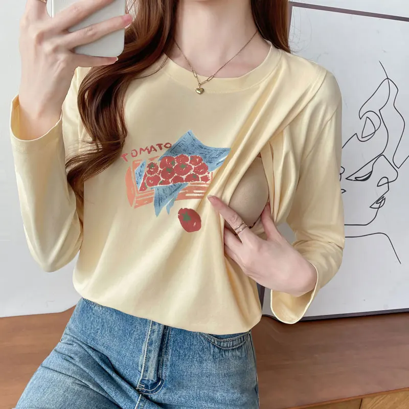 

Осенняя футболка для беременных и кормящих мам — топ свободного кроя из чистого хлопка с длинными рукавами для кормления грудью для послеродовых футболок для беременных