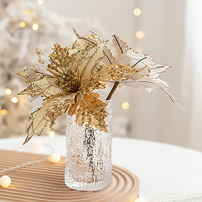 2025 Artificial Christmas Flower Gold Silver Christmas Tree Decoration Xmas Gifts New Year Home Table Vase Christmas Decor Home