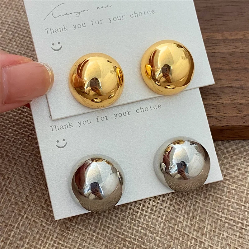 

2024 NEW European Style Punk Fashion Geometric Half Metal Big Ball Round Stud Earrings for Women Girls Party Accessories