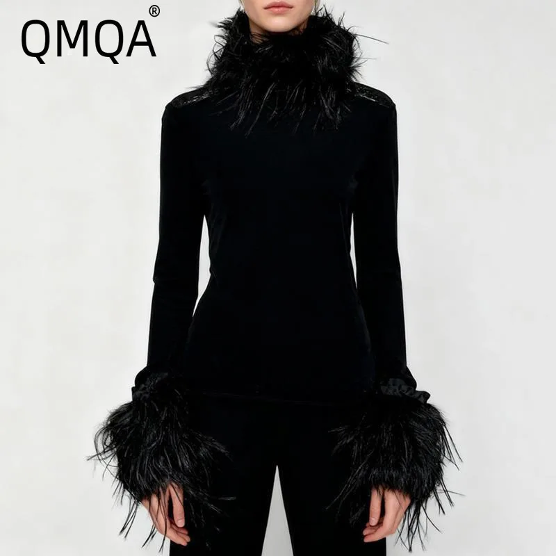

QMQA Fashion Women's Solid Slimming Spliced Feather T Shirts High Neck Long Sleeves Elegant T Shirt Female Autumn New QM994