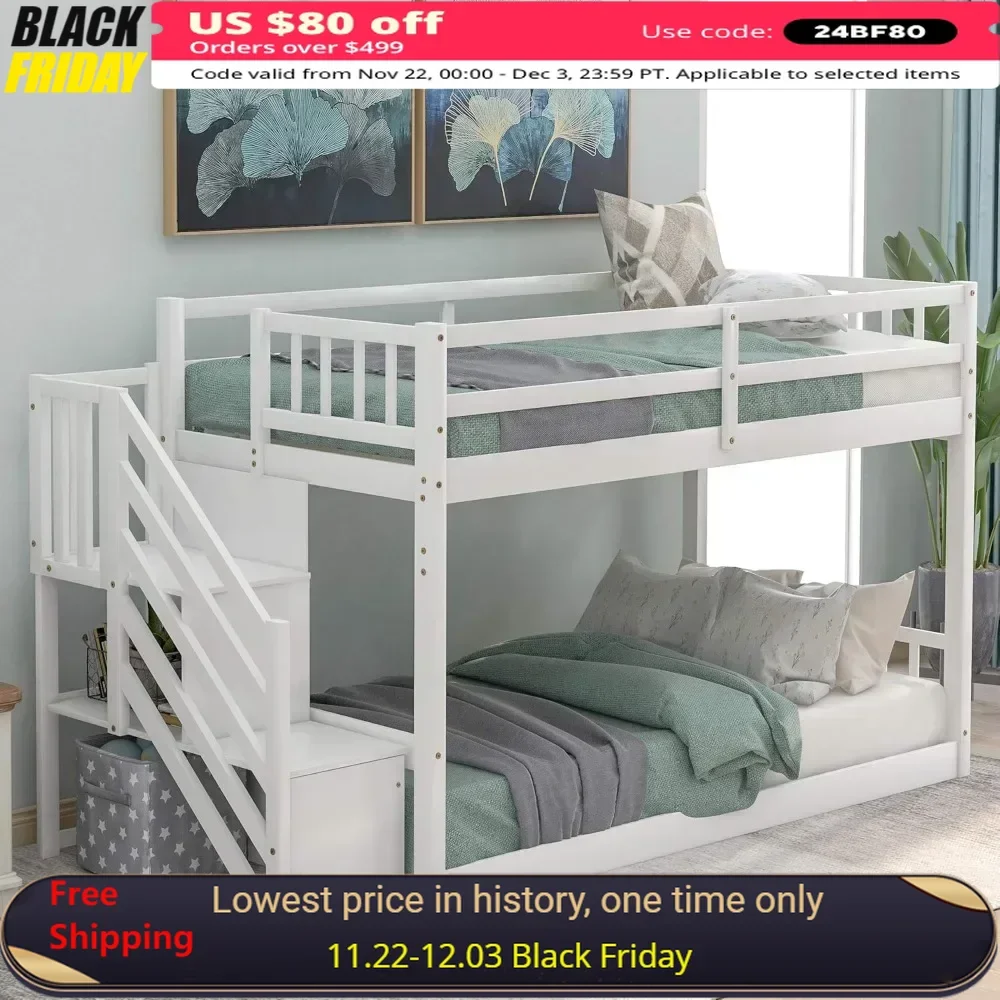 Bunk Bed ,with Storage Staircase, Twin Size Bunks Beds for Kids, Teens, No Box Spring Needed,  Wood Bunk Bed Frame