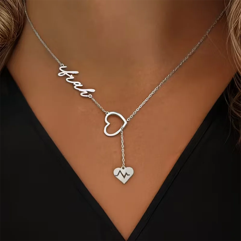 Customized Couple Heartbeat Name Necklace Y Shaped Chain Personalized Gold Color Stainless Steel Jewelry Valentine's Day Gifts