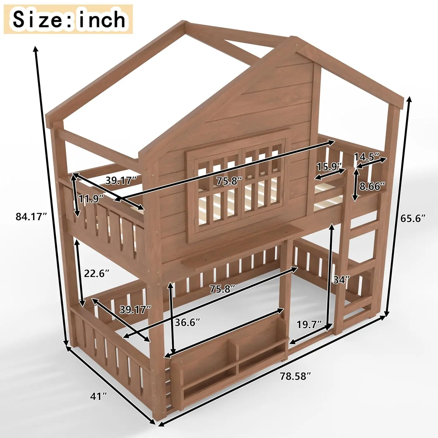 Twin Over Twin House Bunk Bed with Windows and Bookshelf, Wood House Roof Floor Bunk Bed Frame with Safety Fencing, Customized