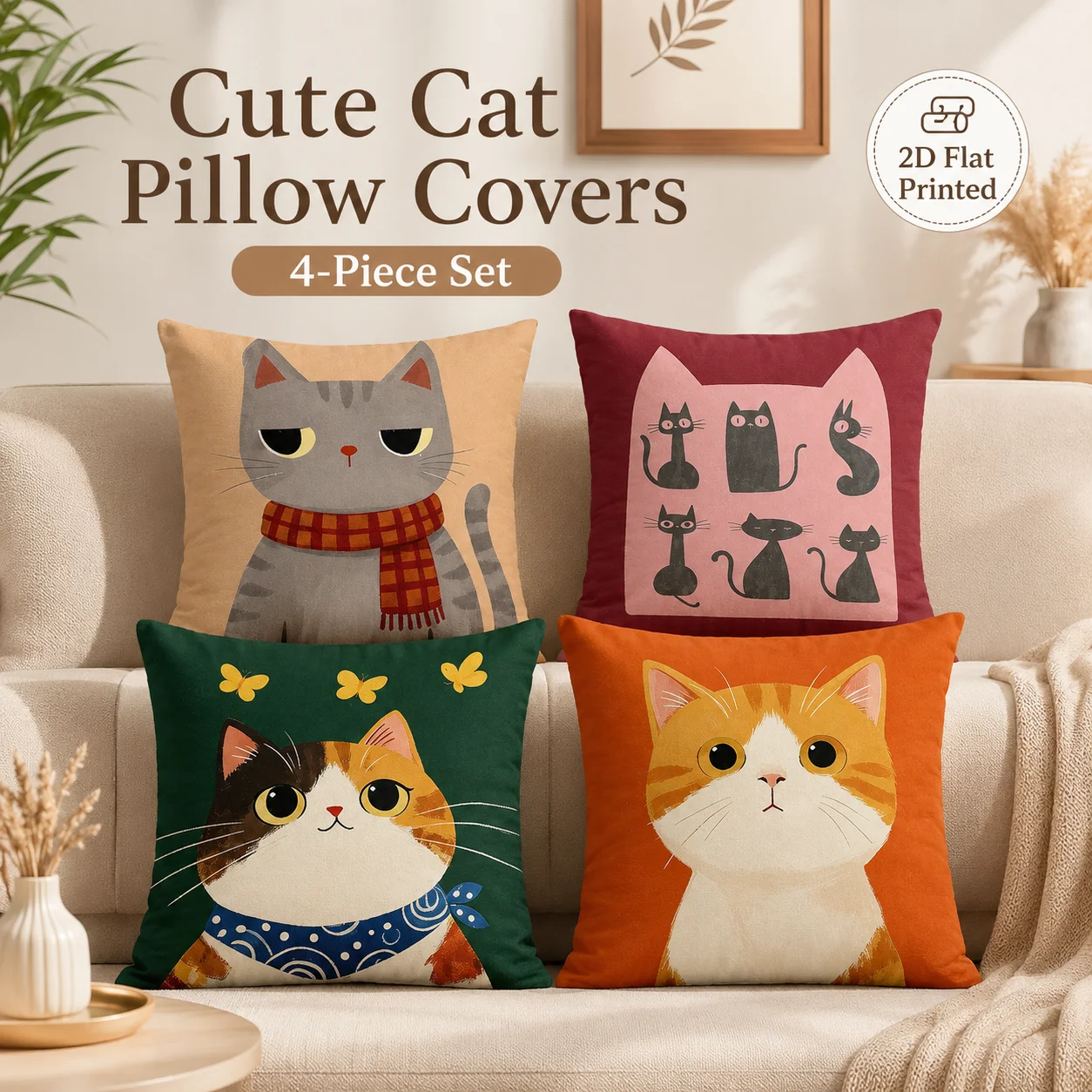 2D Flat Printed Peach Skin Cushion Covers 4Pcs Cute Cat Coussin Cartoon Animal Couch Living Room Decor