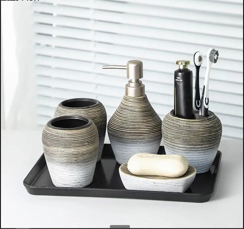 

Retro Brushed Ceramic Bathroom Set Five-piece Push-type Hand Sanitizer Bottle Mouthwash Cup Toothbrush Holder Soap Dish