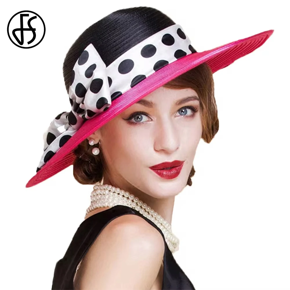 

FS Elegant Big Bowknot Women Church Hat Wide Brim Black Dots Kentucky Hats Formal Wedding Fedora Sunshade Beach Cap Chapeau 2024