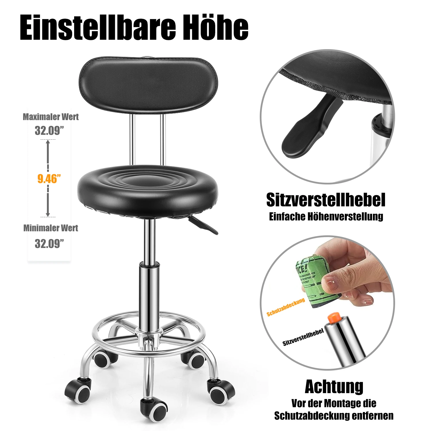 PU Leather Modern Rolling Stool with Low Back Height Adjustable Work Salon Drafting Swivel Task Chair with Footrest (Black)