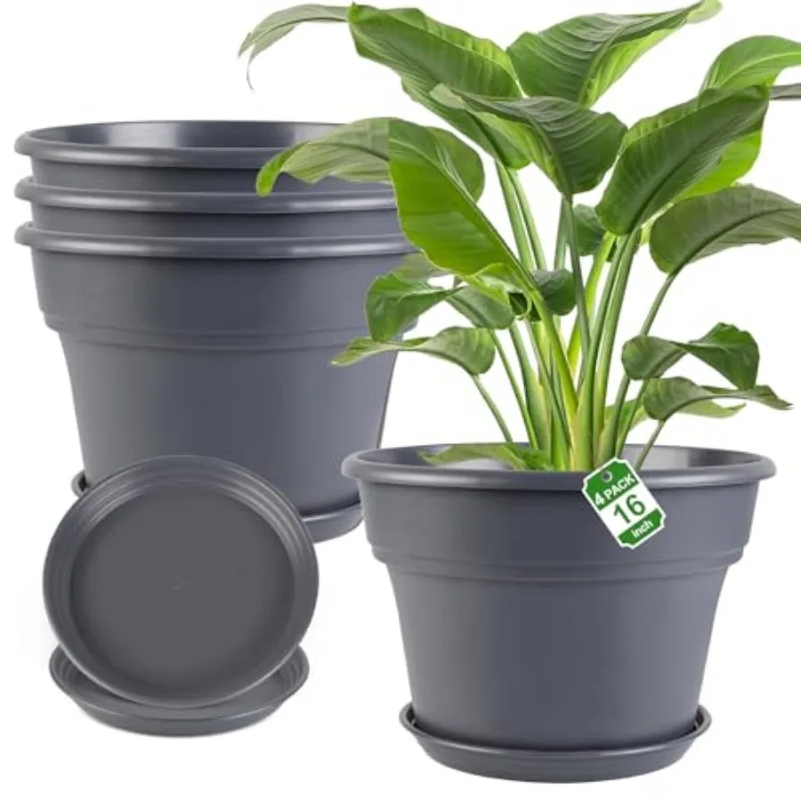 

Набор из 4 больших пластиковых горшков для растений 16 дюймов, для уличных и комнатных растений, с дренажными отверстиями и поддонами, классический дизайн