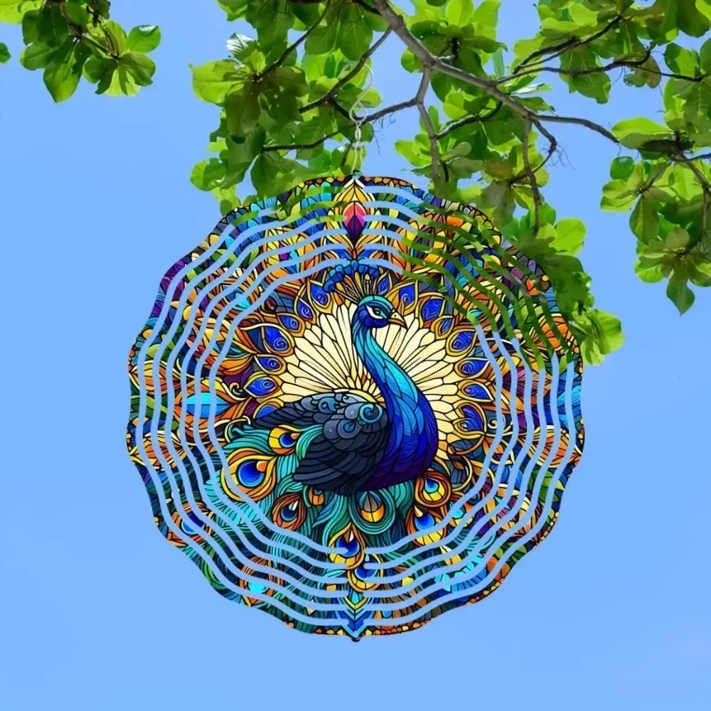 PeaRooster Stained Glass Wind Spinner - 3D Laser-Cut Peacock, 360° Rotating Garden Art Decor