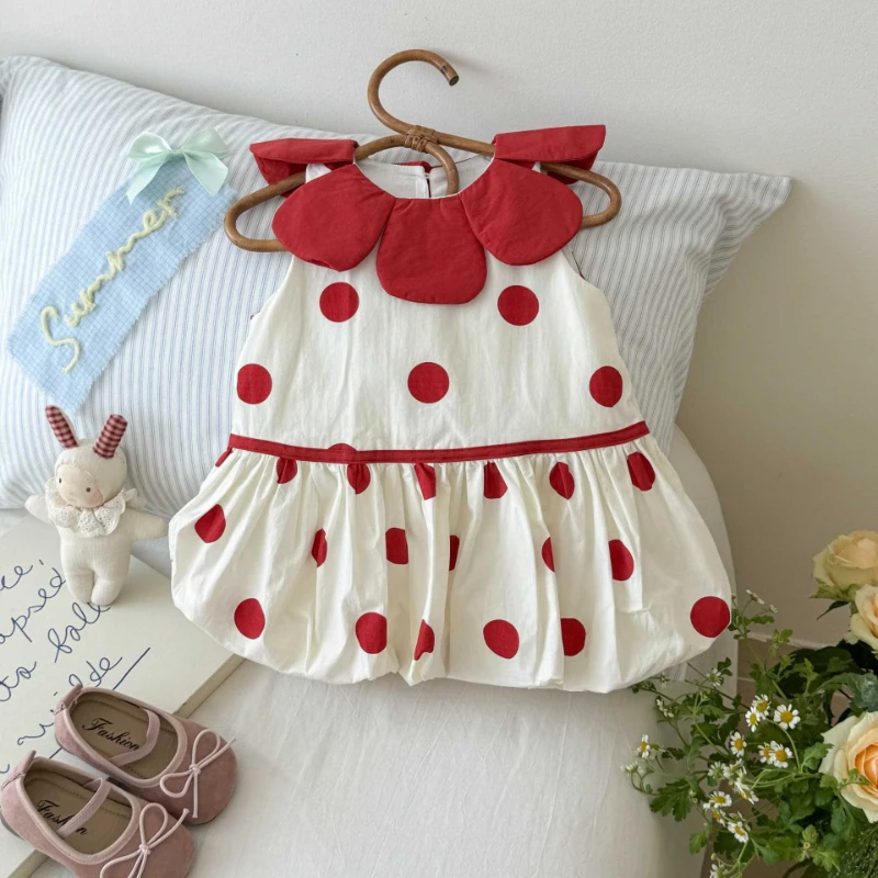 

2026 Summer Hot Selling Children's Petal Collar Sleeveless Polka Dot Pattern Flower Bud Hem Dress