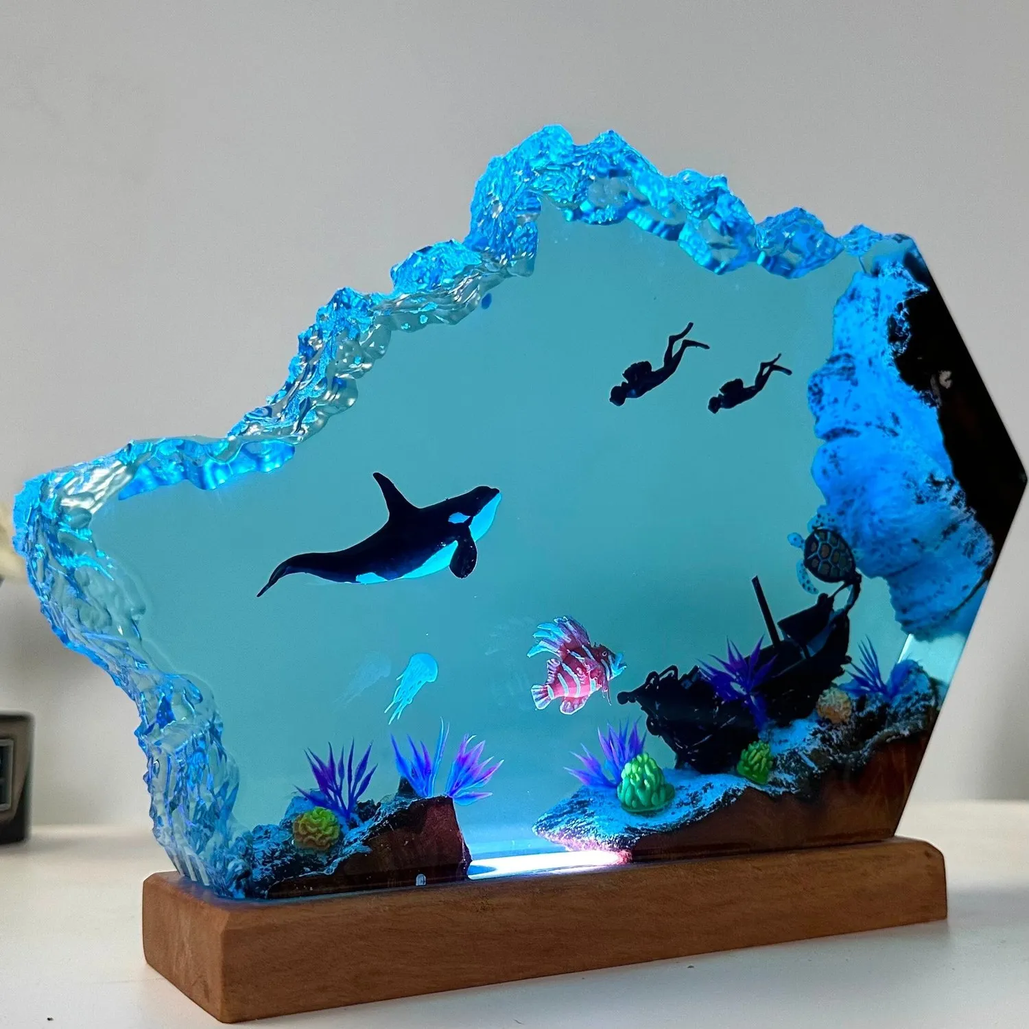 

New Orca Killer Whale Turtle Epoxy Resin Luminous Decorative Item Wooden Handcrafted Home Art Decoration Unique Birthday Gift