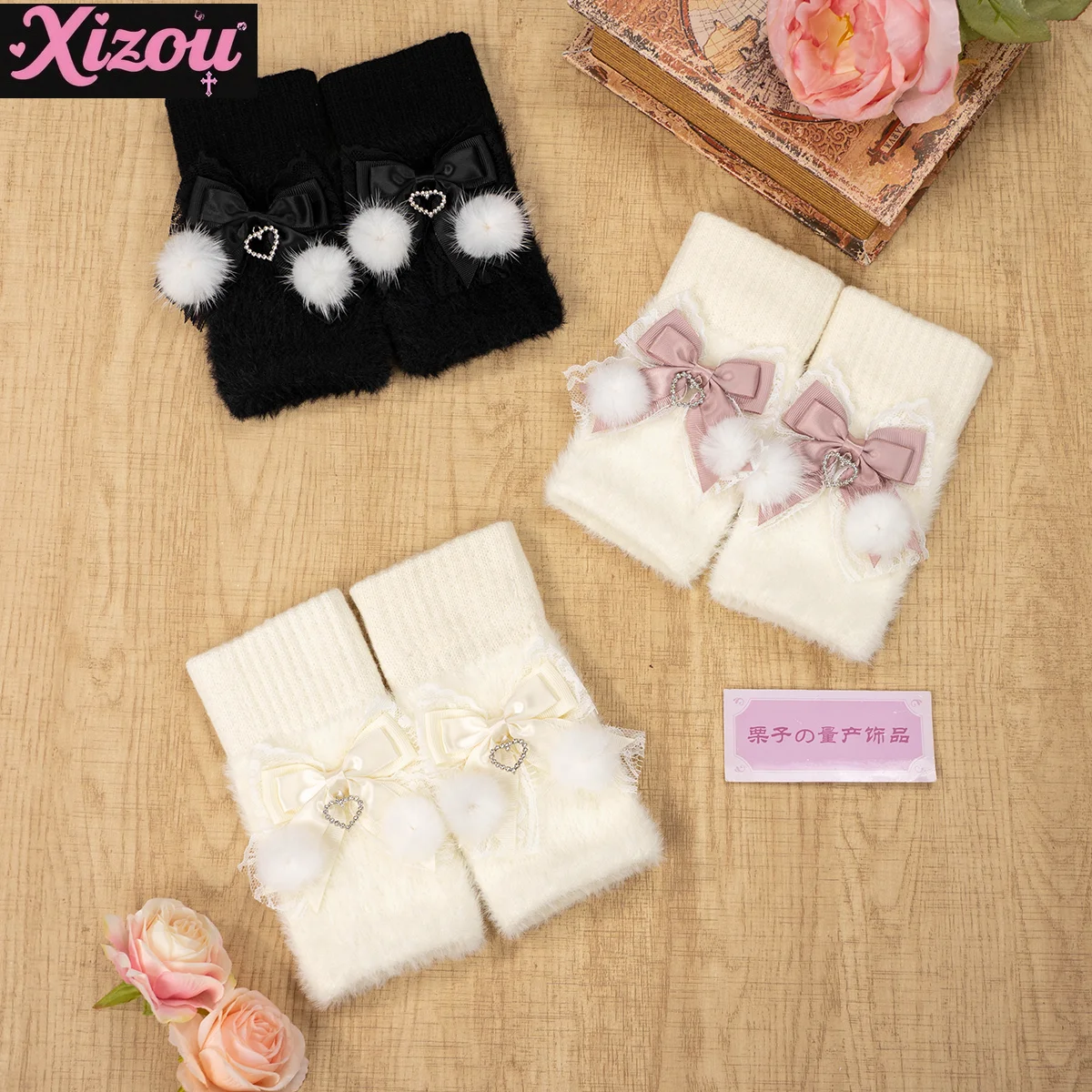 

Japanese Lolita Imitation Mink Half-finger Bow Gloves Autumn and Winter Cute Female Students Thickened Warm Knitted Wool Women
