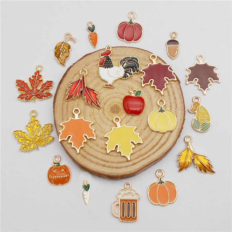 20PCS Enamel Autumn Charms Mixed Maple Leaf Pumpkin Acorn Carrot Apple Corn Thanksgiving Day Pendant Jewelry Findings Accessory