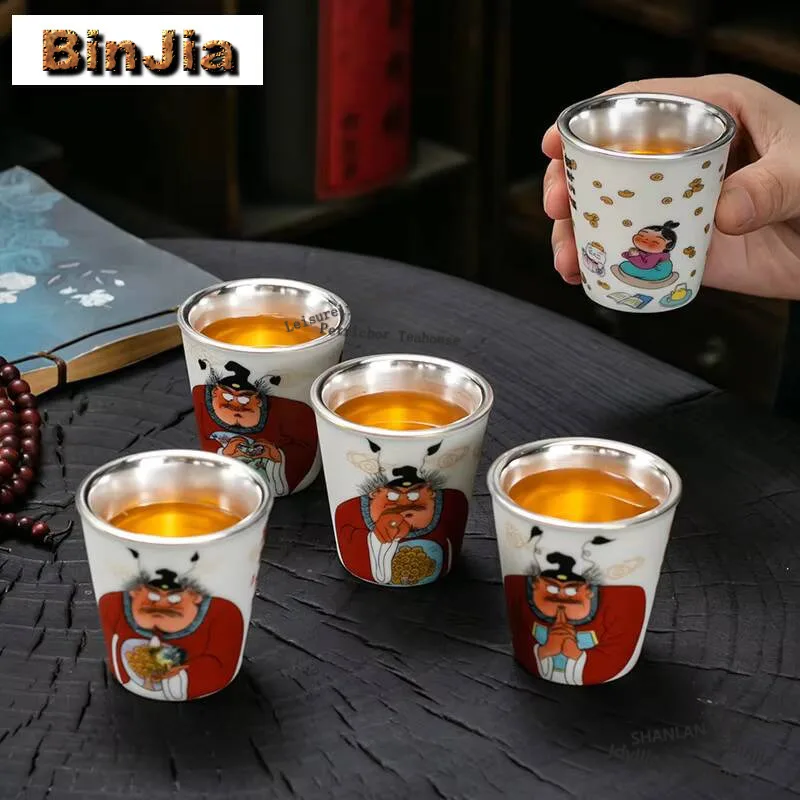 70ml Pure Handmade 999 Gilded Silver Ceramic Teacup Soda Glazed Master Cup Personal Health Tea Bowl Tasting Chazhan Tea Gift Box