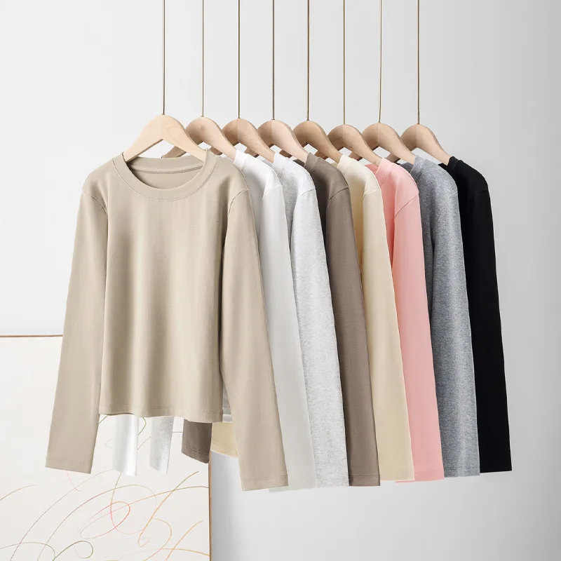 Round Neck Shoulder Long Sleeved T-shirt for Women in Spring and Autumn Slim Fit Short Style Slimming Effect Inner Top Base