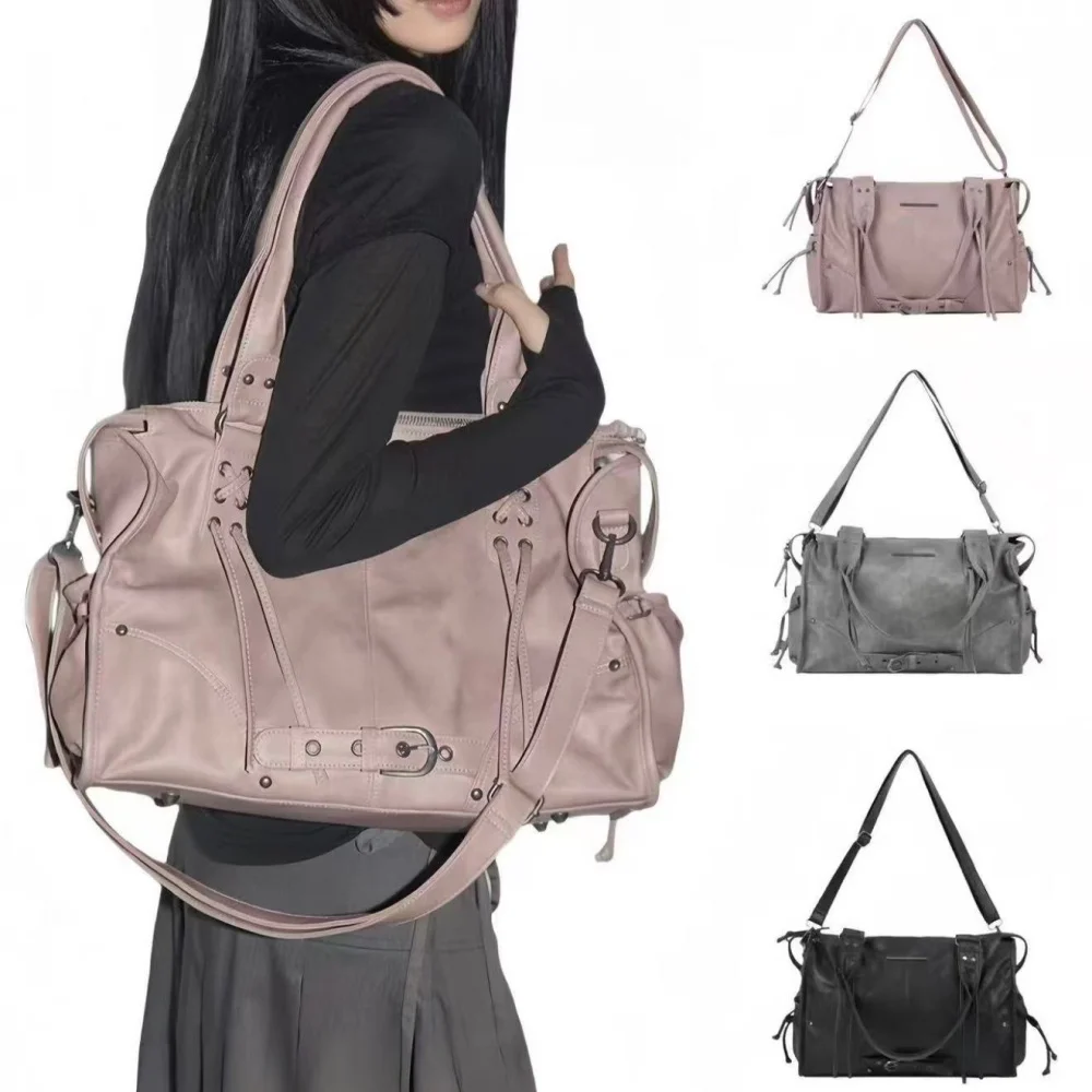 Harajuku Vintage Washed Leather Large Storage Bags Y2K Gothic Aesthetic Shoulder Bag Multi-Pocket Travel Handbag for Women