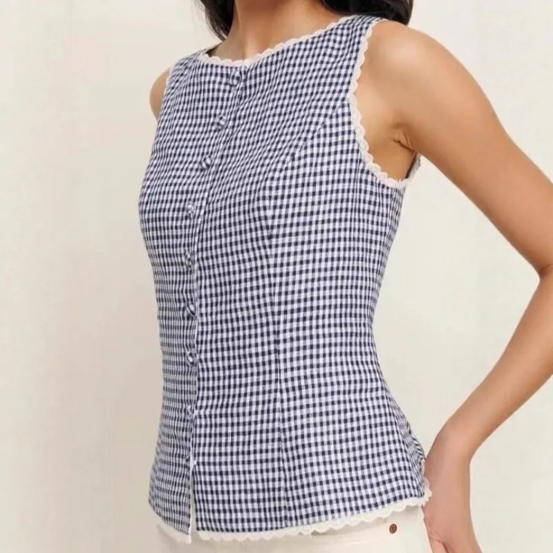 Single Breasted O-neck Vest Jacket Blue Checkered Blouse Coats Sleeveless French Elegant Women’s Casual Overcoats Lace Patchwork