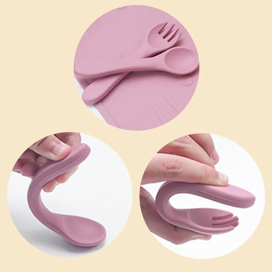 Soft Silicone Baby Feeding Set, colher de comida sólida, talheres para crianças, talheres, sem BPA, garfo colher, 2pcs